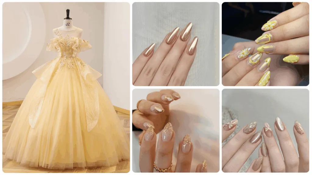 Nailbox màu gold cùng váy cưới vàng là một sự phối kết ăn ý