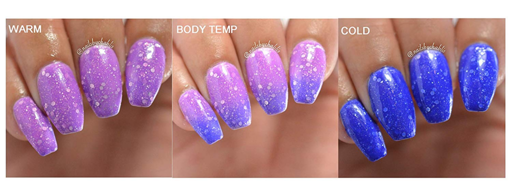 Advanced color-changing nail polish showing transition between blue and purple shades