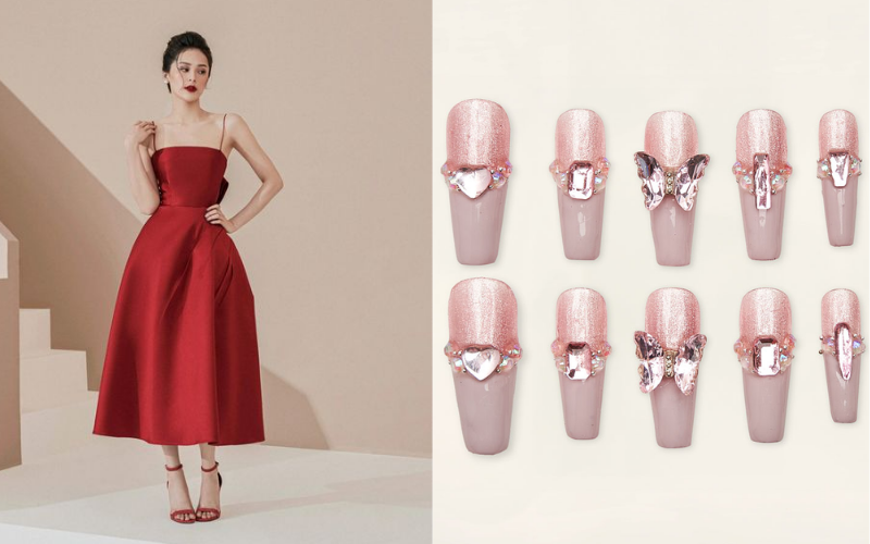 Press-on nails paired with an elegant outfit