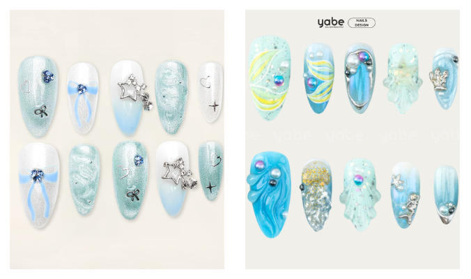 Tarot nail designs inspired by The Star card in ocean blue
