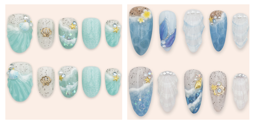 Tarot nail designs inspired by The Ocean's Empress with pearls and shells