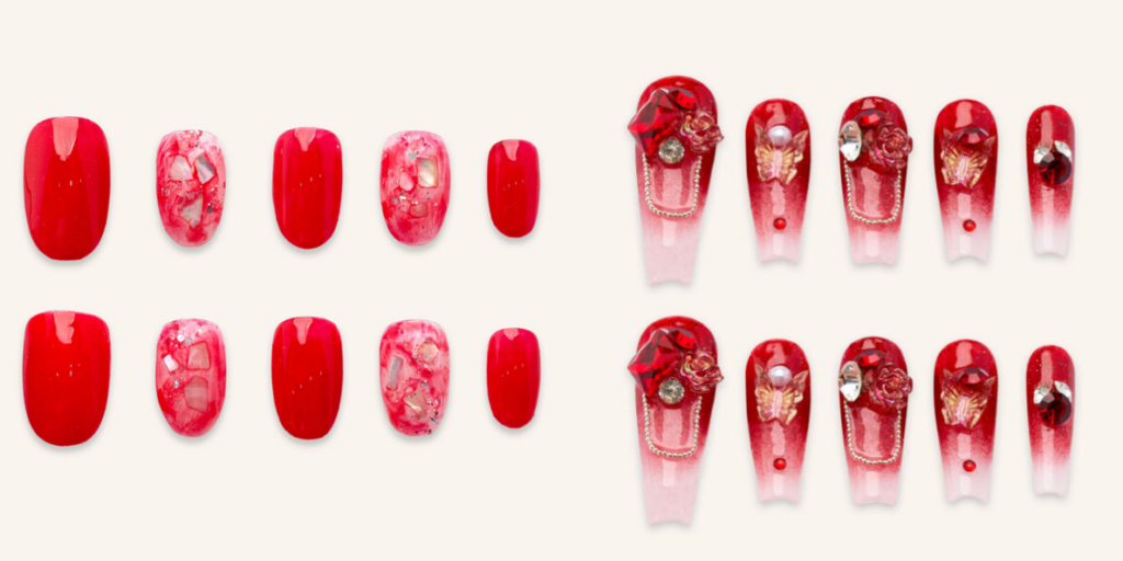 Fiery Glow summer press on nails 2026 in bold red tones