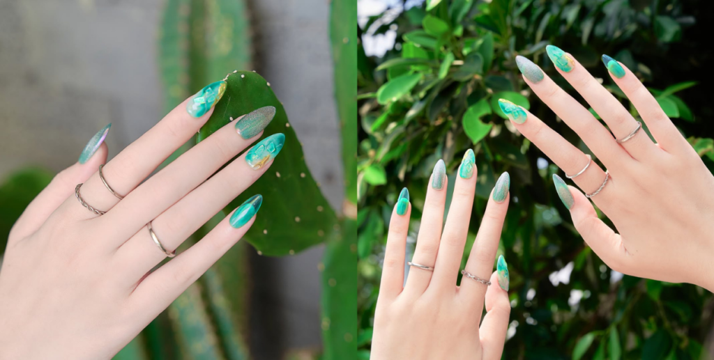 Green-toned summer press on nails 2026 in elegant shades