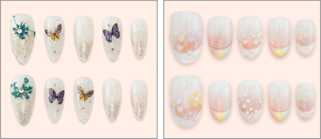 K-beauty press-on nails in nude and pastel shades with subtle floral and pearl accents