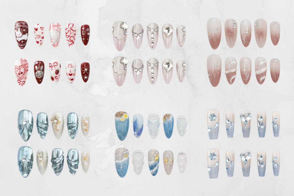 A variety of press-on nail styles and shapes