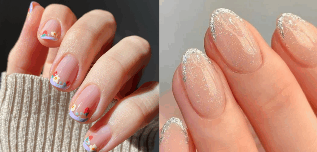 Short French tip press-on nails (left image: @polished_yogi)