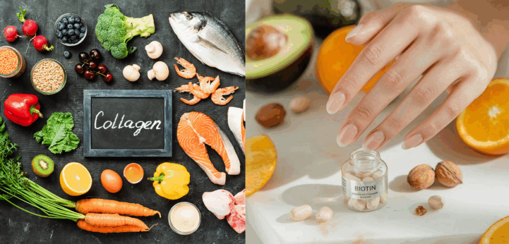 Collagen and biotin (vitamin B7) are commonly linked to stronger nails