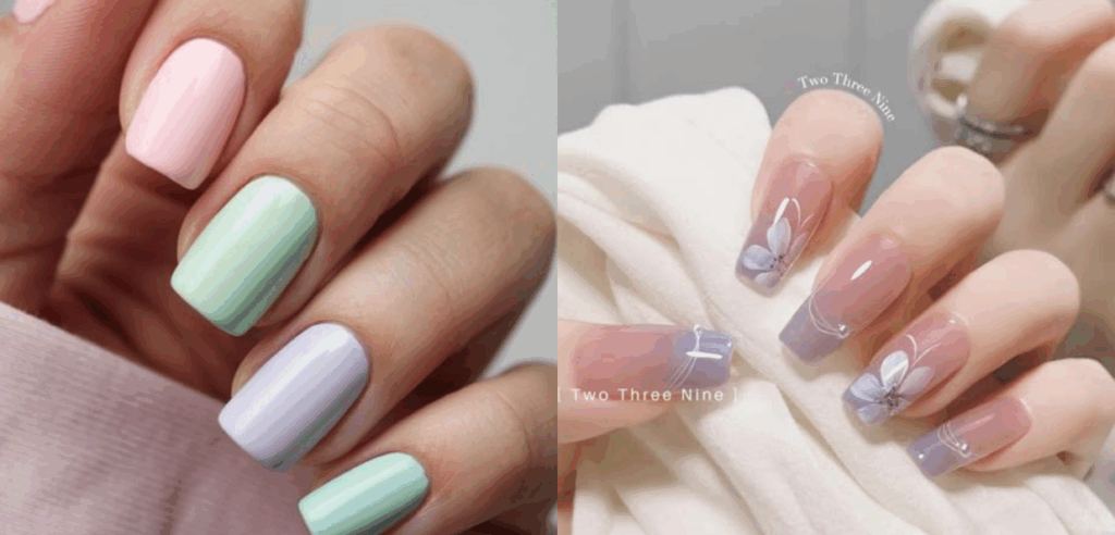 Classic solid-color manicure (left) vs nail art (right)