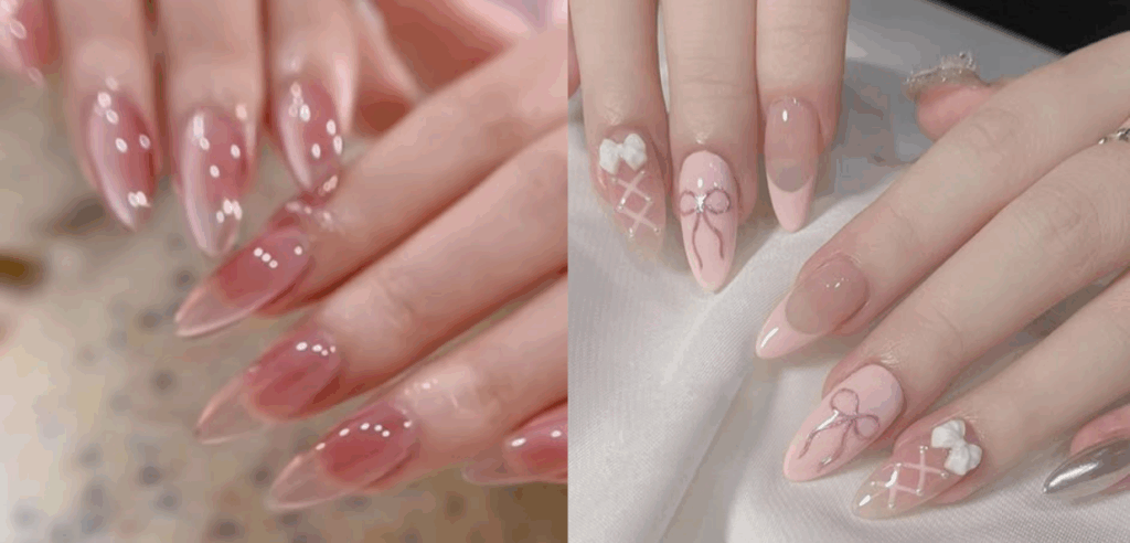 Press on nails sizing guide for almond nails: keep tips symmetrical and flush along the sidewalls