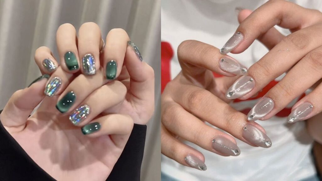 Cat eye nails with rhinestones