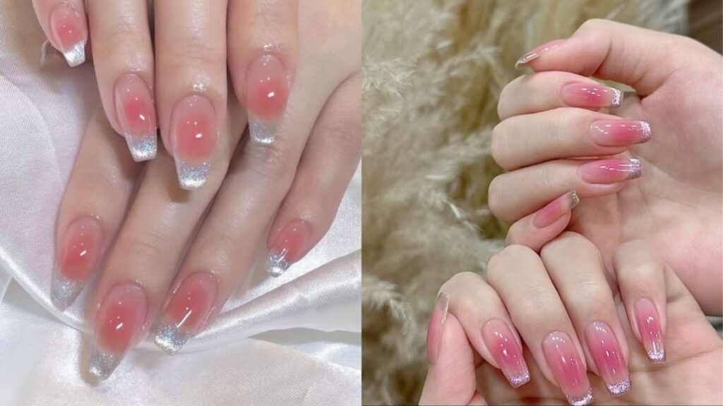 Peach center-ombre cat eye nails