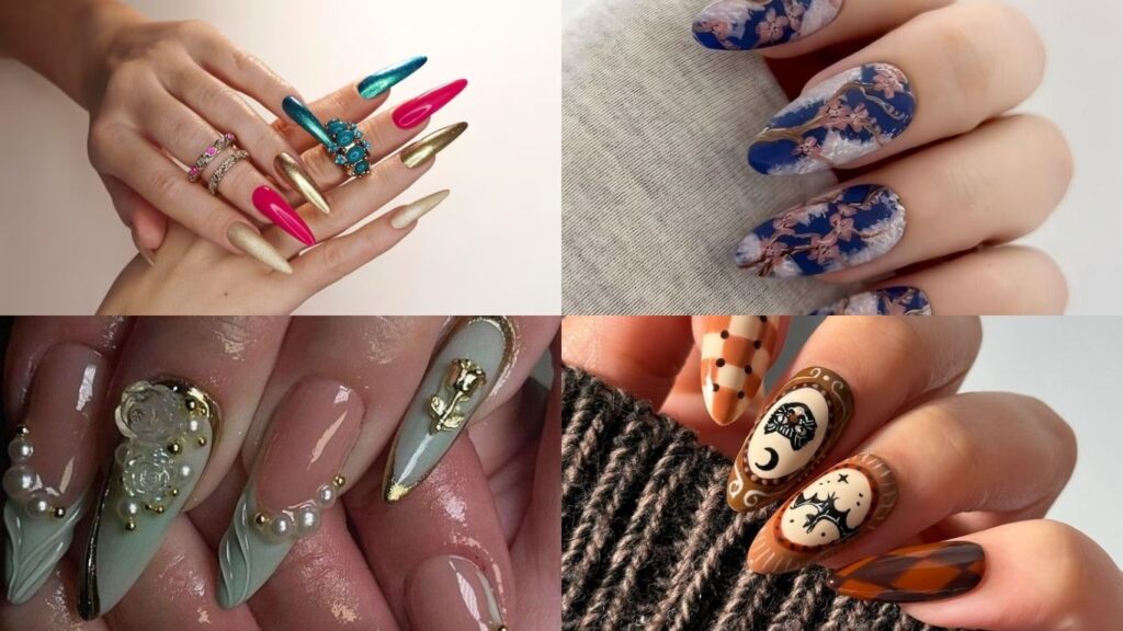 Vintage floral long press on nail designs