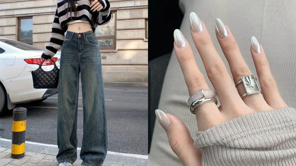 Soft chrome nails paired with a Y2K outfit