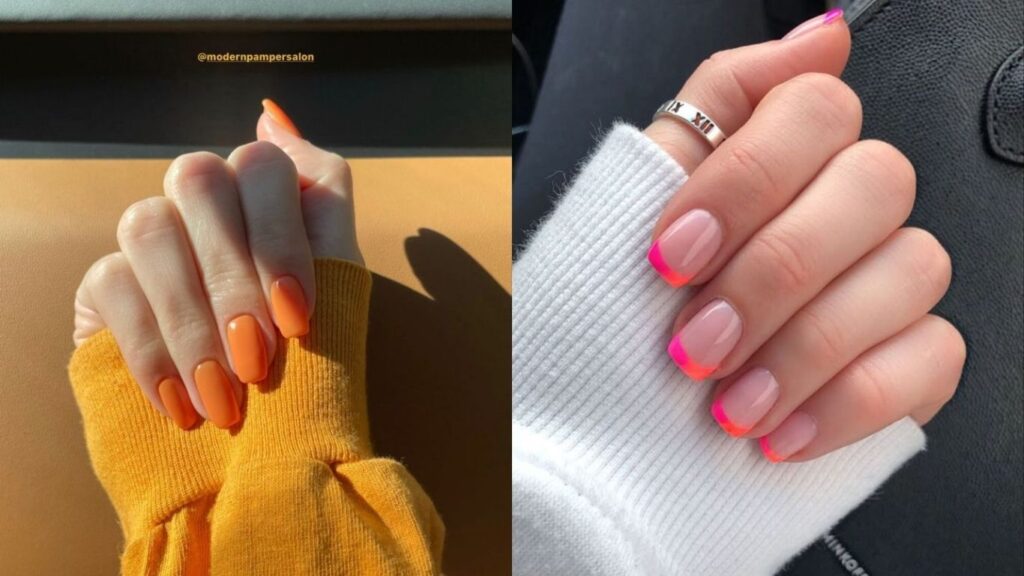 Full neon nails (left) vs neon negative space (right)