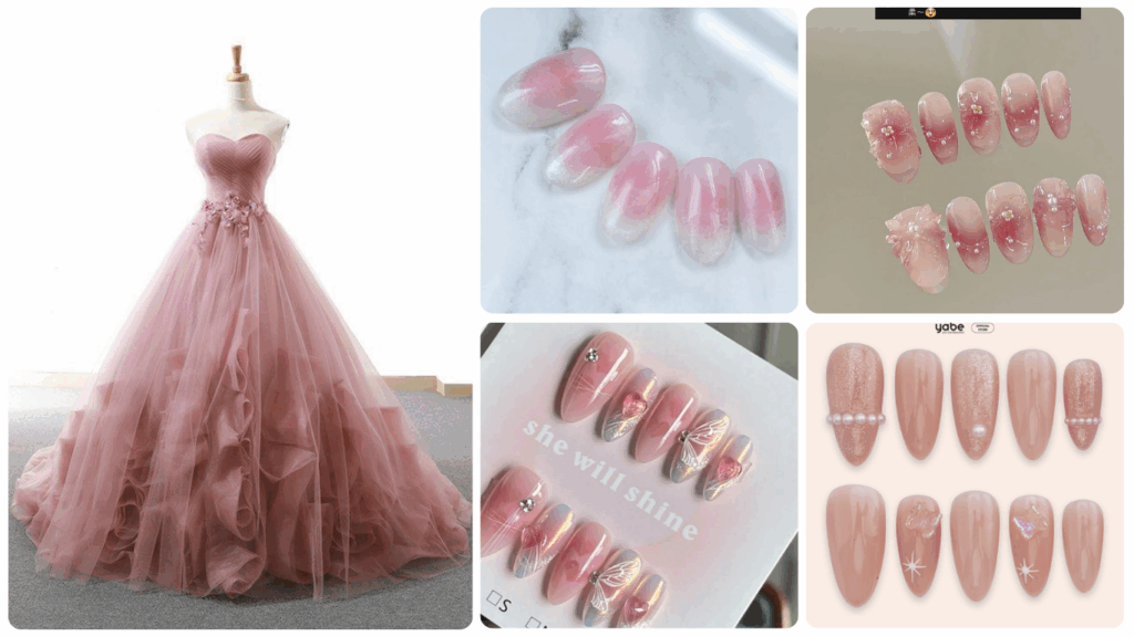 Bridal nails to match wedding dress in pastel pink