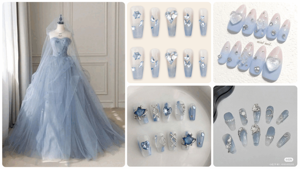Bridal nails to match wedding dress in light blue
