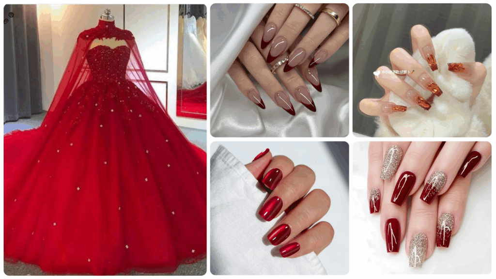 Bridal nails to match wedding dress in red or burgundy