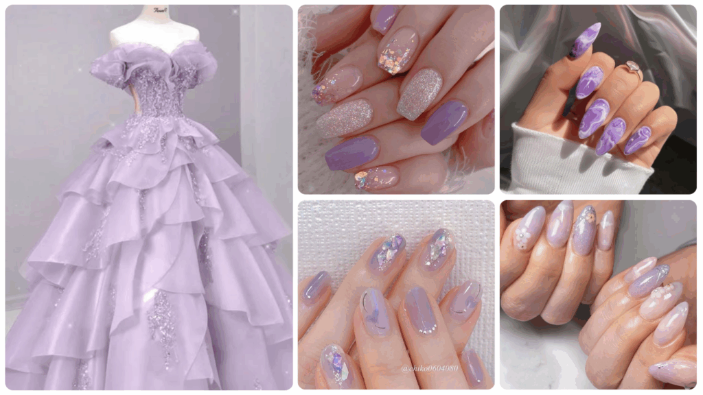 Bridal nails to match wedding dress in lavender