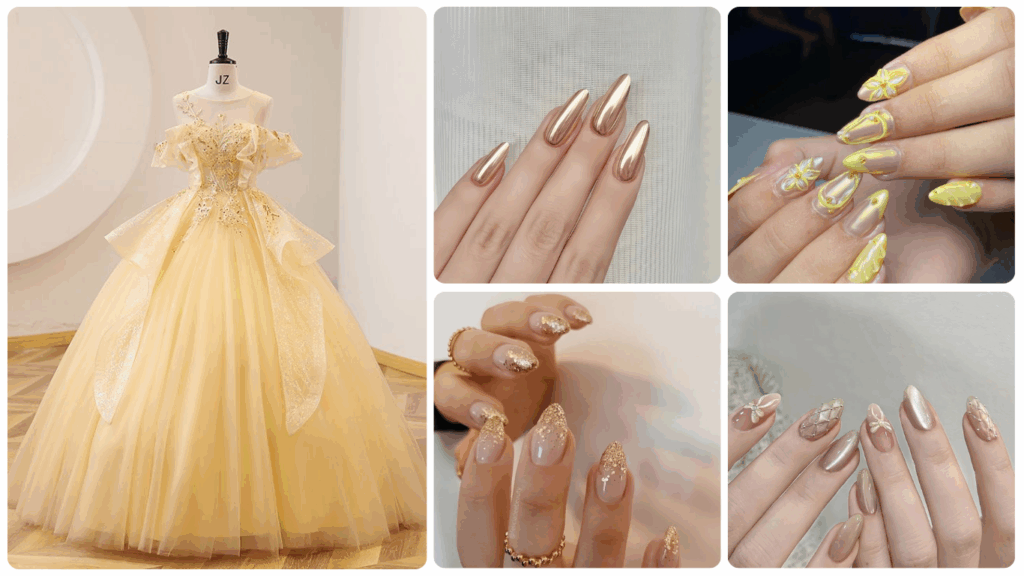 Bridal nails to match wedding dress in gold or champagne