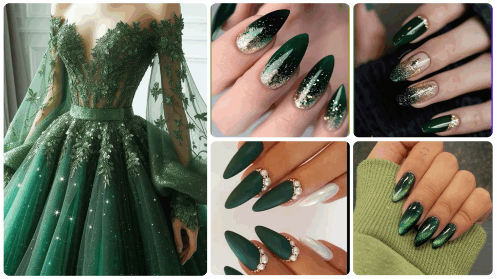 Bridal nails to match wedding dress in emerald green