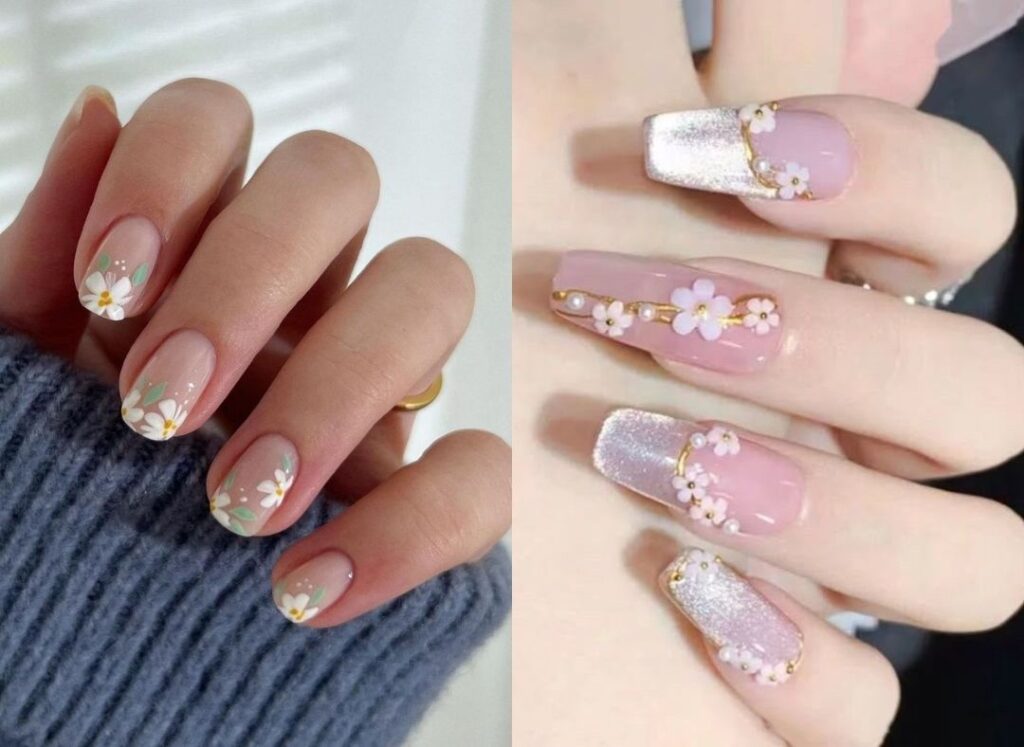 Soft press-on nails with tiny floral designs