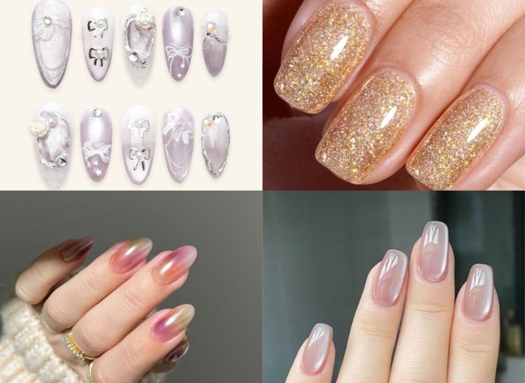 Soft press-on nails with light-reflecting shimmer