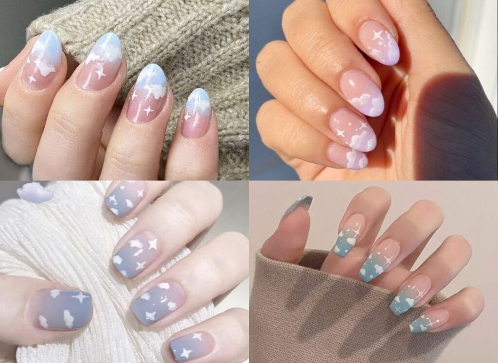 Soft press-on nails with cloud designs
