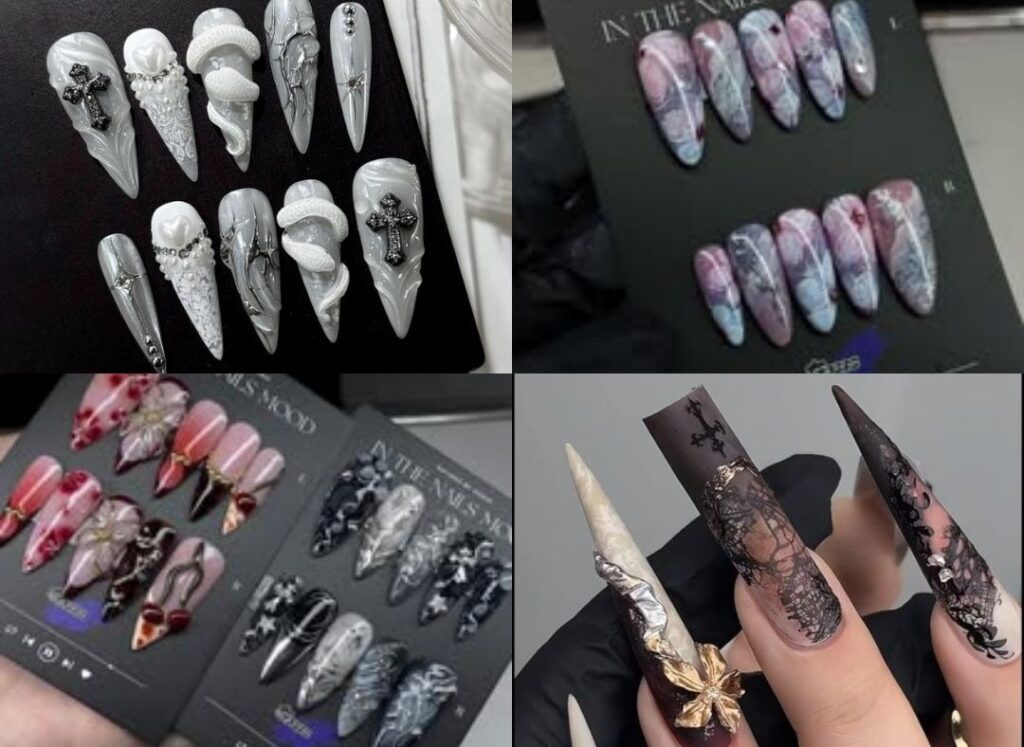 Bold patterned long press on nail designs