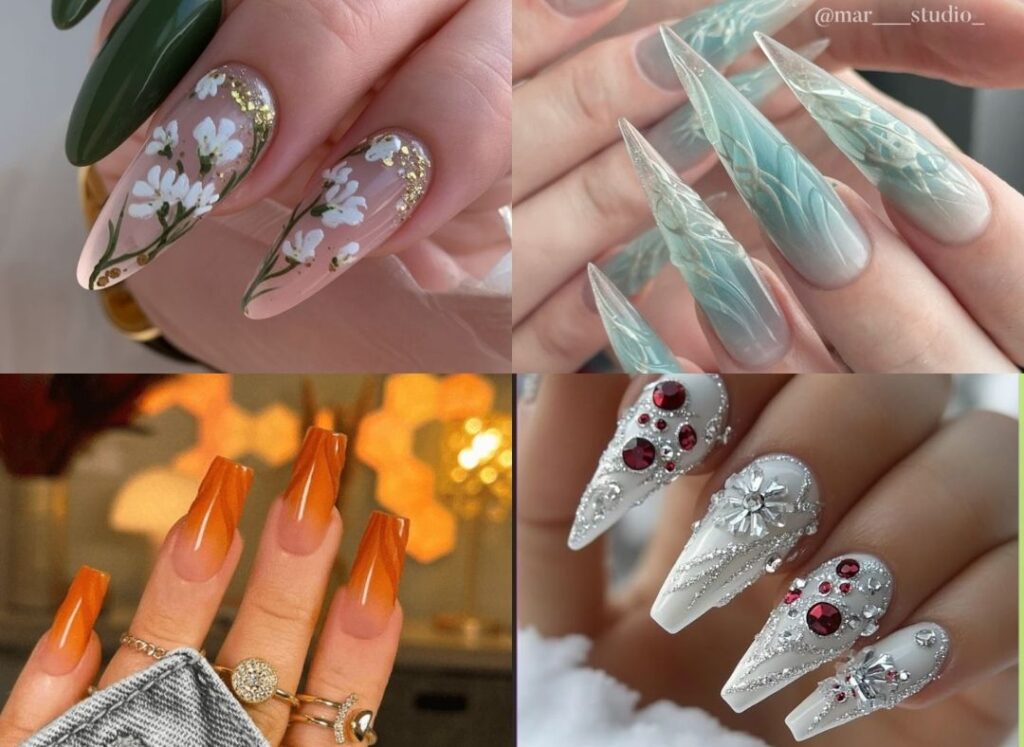 Seasonal long press on nail designs