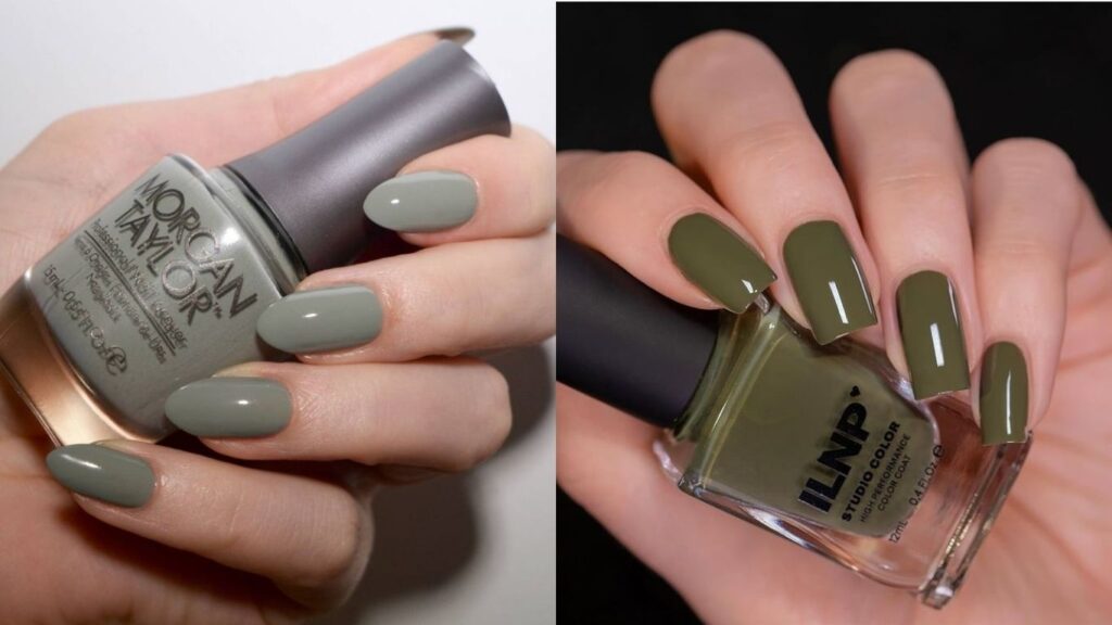Olive green nails as one of the best nail polish colors for every skin tone