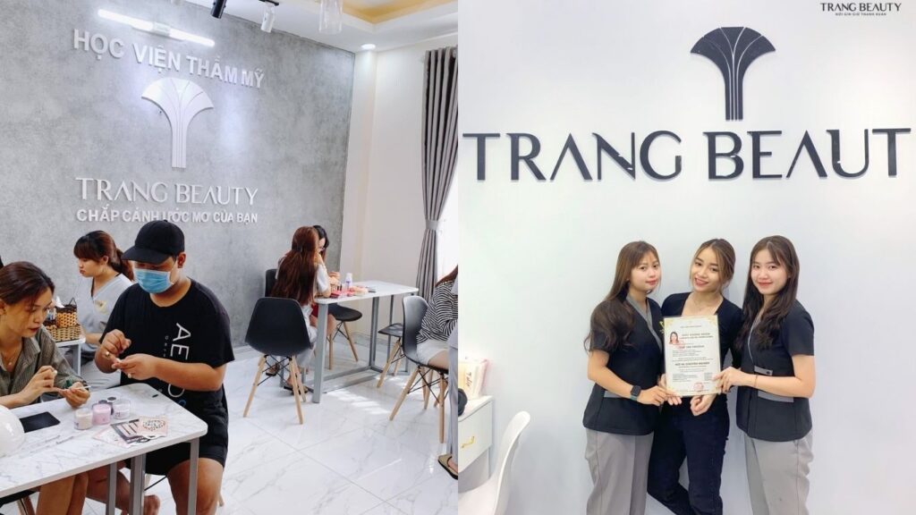 Students learning nail techniques at Trang Beauty