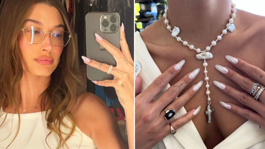 Hailey Bieber glazed donut manicure (celebrity nail designs)