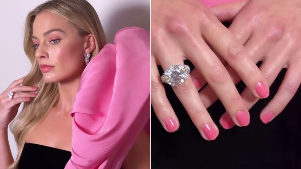 Margot Robbie Barbie pink jelly nails (celebrity nail designs)