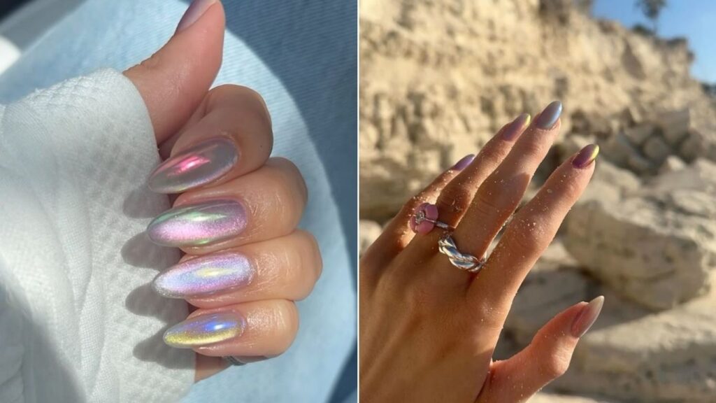 Kylie Jenner chrome sea glass nails (celebrity nail designs)