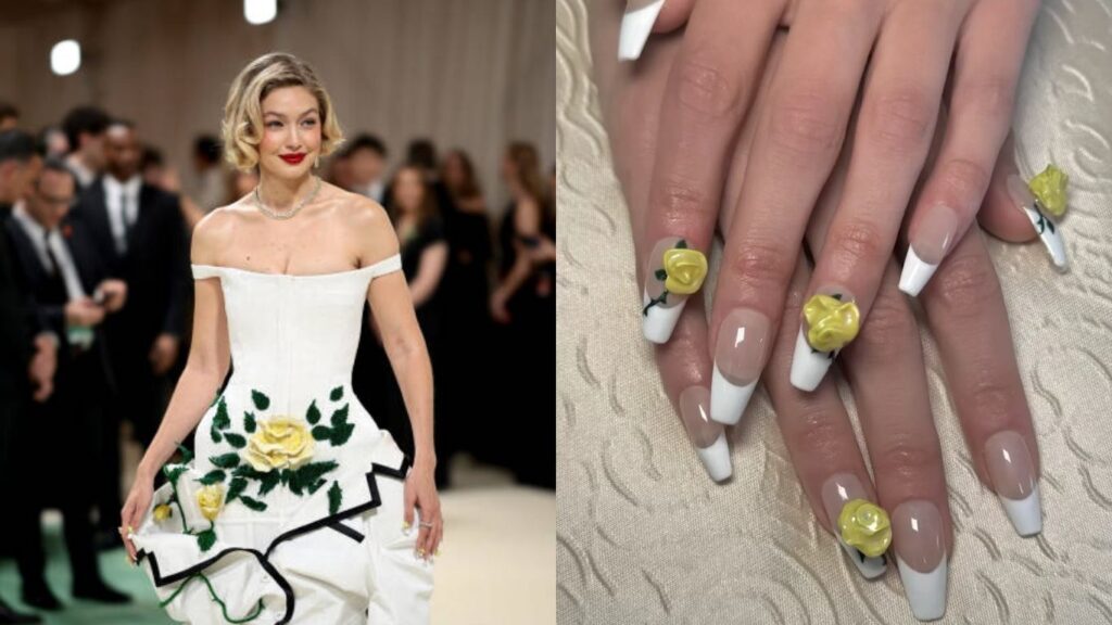 Gigi Hadid Met Gala 3D floral nails (celebrity nail designs)