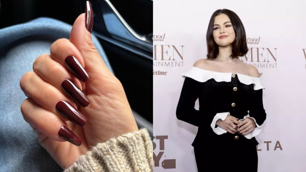 Chocolate cherry nails worn by celebrities (celebrity nail designs)