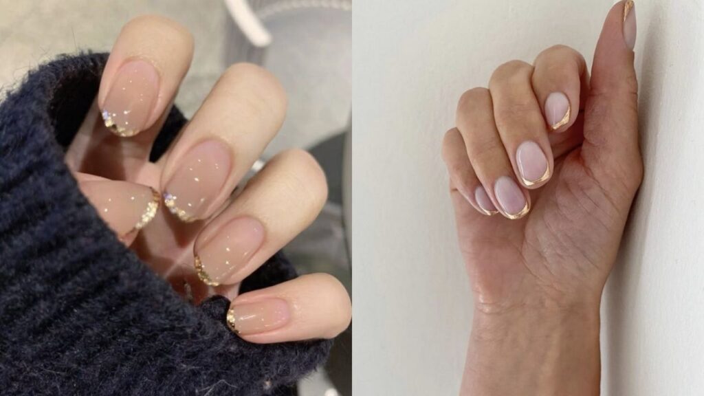Nude and gold French tip party press on nails for short nails