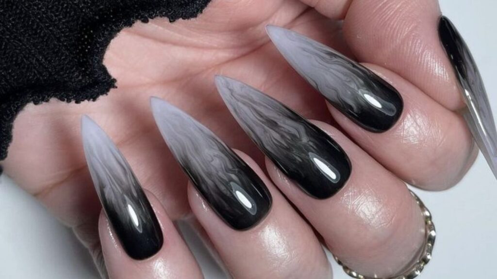 Smoky gray blooming blended nail art technique