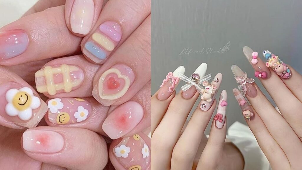 Harajuku Japanese nail art designs with charms and 3D elements