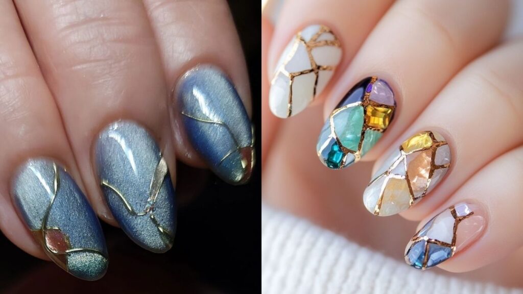 Kintsugi Japanese nail art designs with gold crack lines