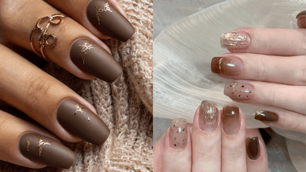 Mocha mousse nails with minimalist accents