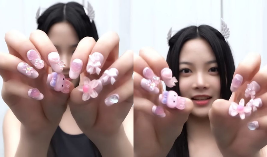 K-pop inspired nail designs in pastel pink with 3D charms inspired by Eunchae (LE SSERAFIM)