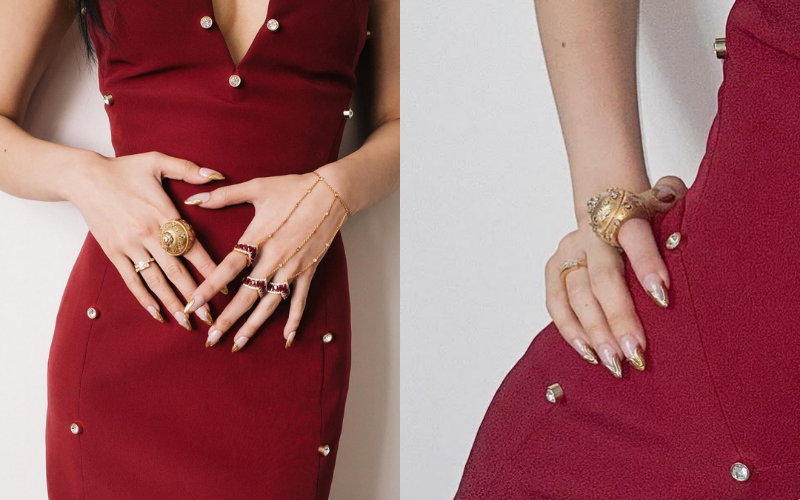 K-pop inspired nail designs featuring a nude base with gold chrome French tips inspired by Jennie (BLACKPINK)