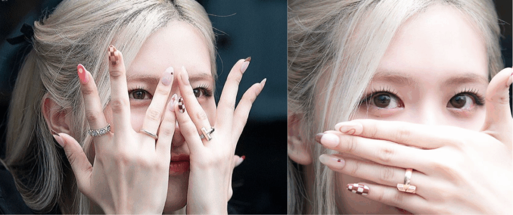 K-pop inspired nail designs with milky white base and mix-and-match minimal accents inspired by Rosé (BLACKPINK)
