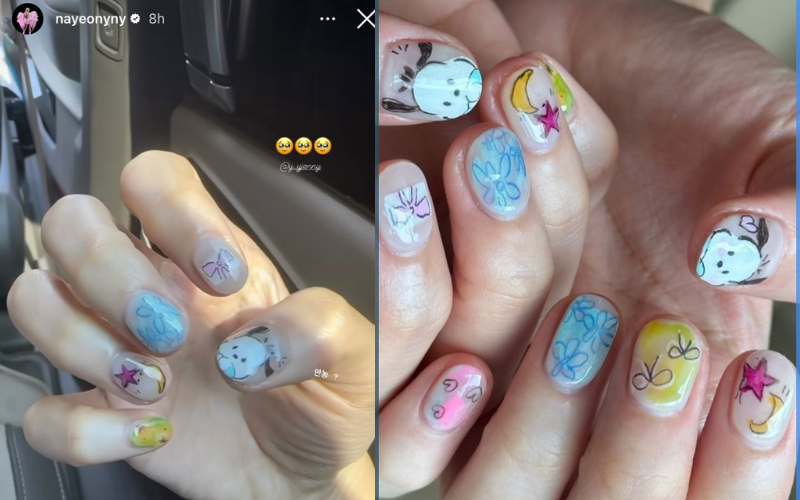 K-pop inspired nail designs with clear base and colorful cartoon doodles inspired by Nayeon (TWICE)