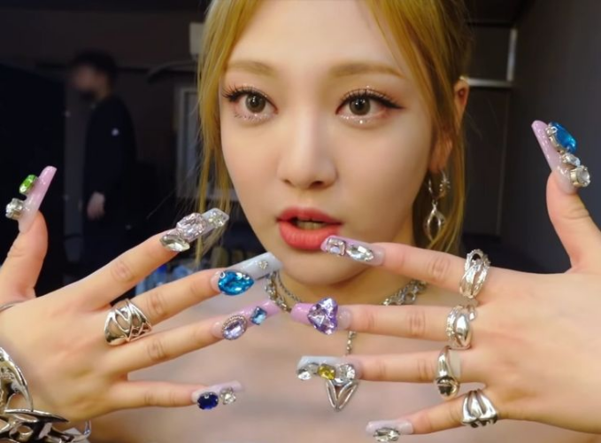 K-pop inspired nail designs with clear acrylic, silver accents, and crystals inspired by Ningning (aespa)
