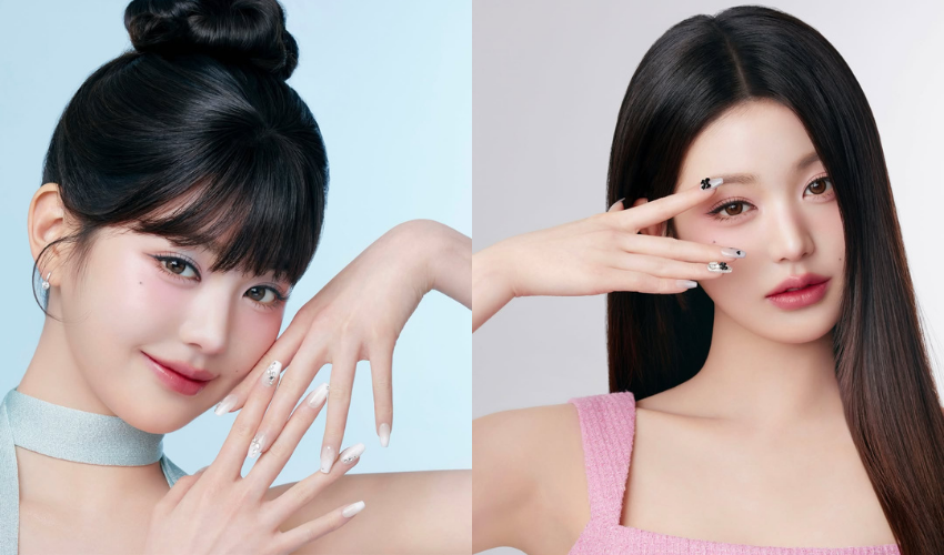 K-pop inspired nail designs with pastel base and minimal elegant accents inspired by Jang Wonyoung
