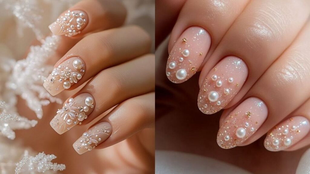 Pearl bridal nail designs for wedding day