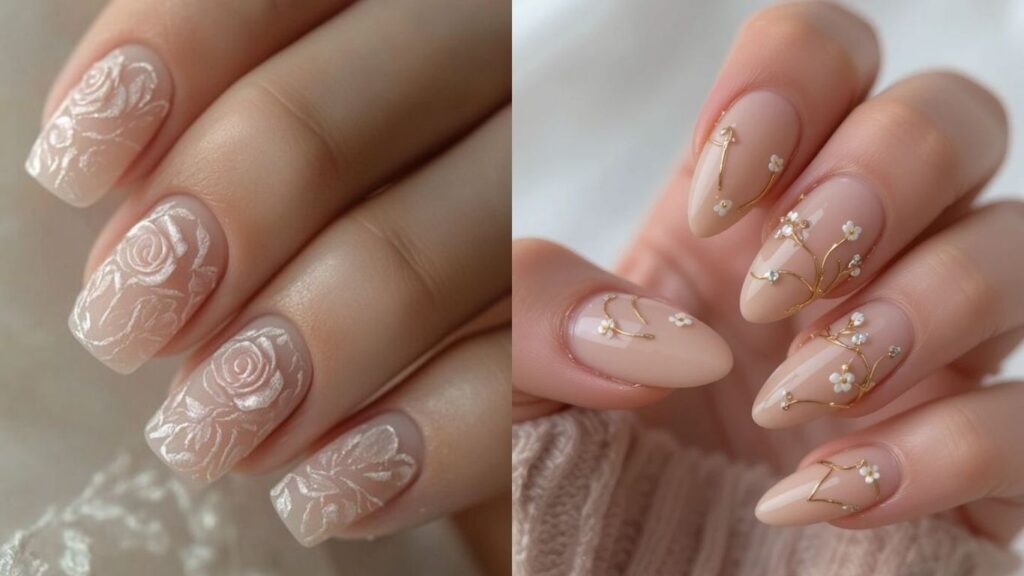 Dried flower bridal nail designs for wedding day
