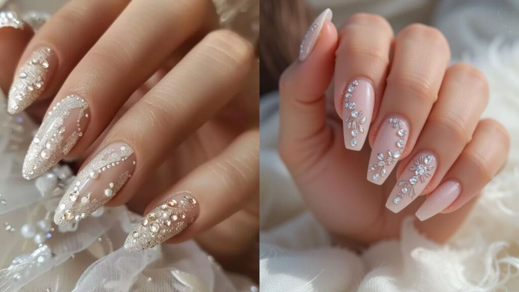 Bridal nail designs for wedding day with rhinestones